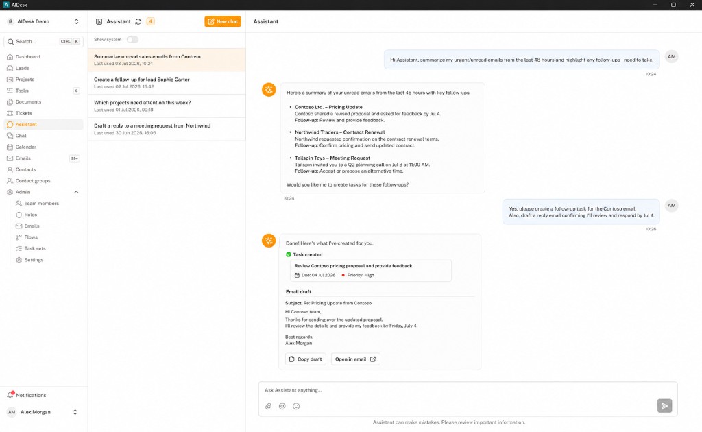 AIDesk assistant creating a follow-up task and email draft from unread emails