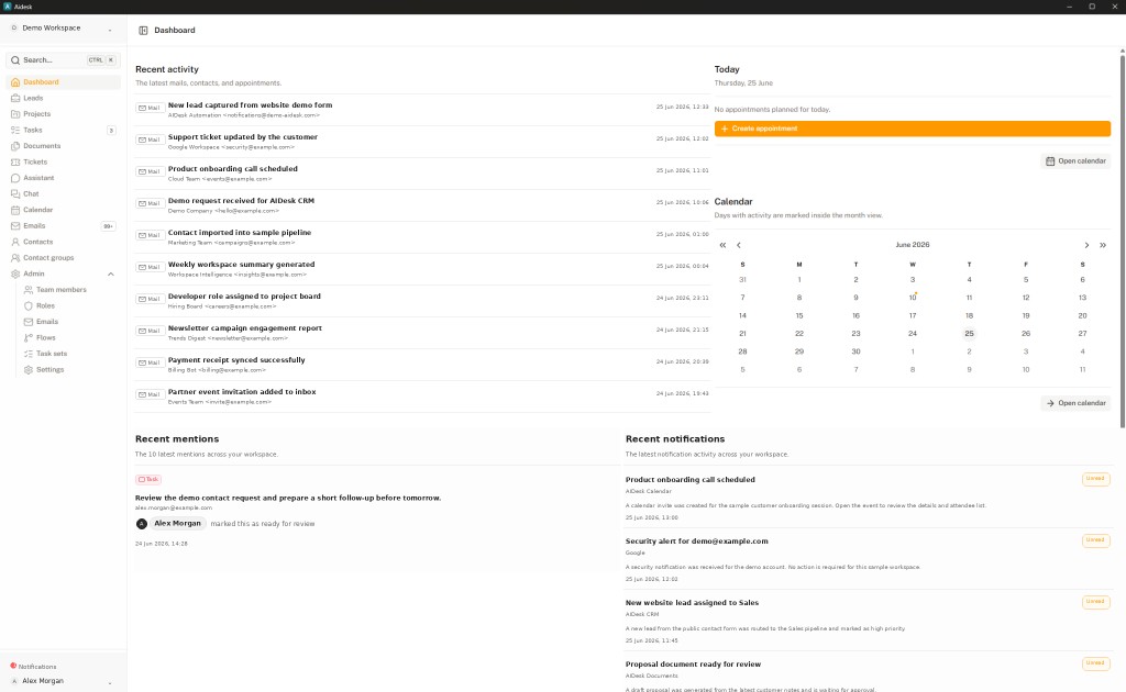 AIDesk dashboard preview with recent activity and team notifications